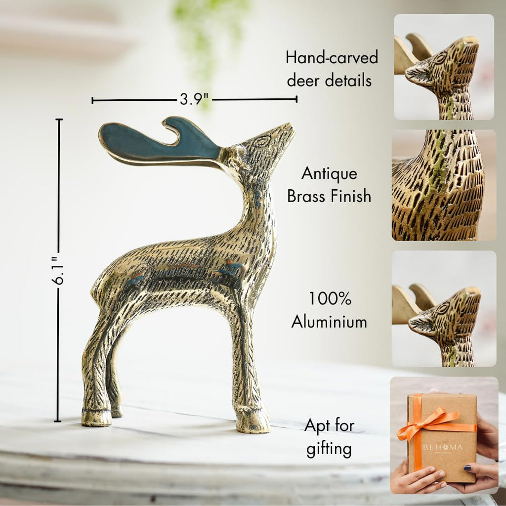 BEHOMA Antique Golden Metal Christmas Reindeer Figurine - 1 Pcs