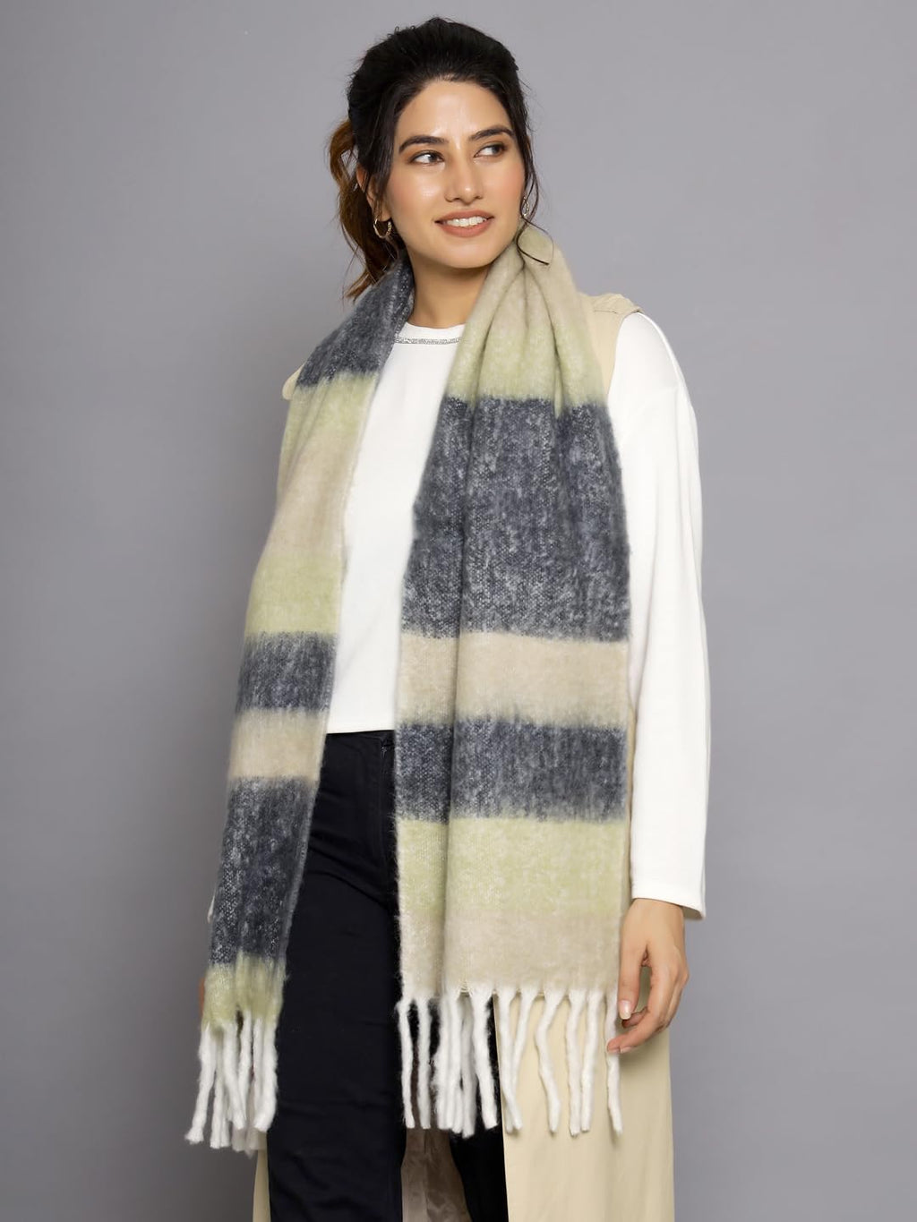 Ravaiyaa - Attitude is everything Women Reversible Acrylic Wool Scarf Winter Wear Muffler Designer Scarves 72x12 Inch (Black)