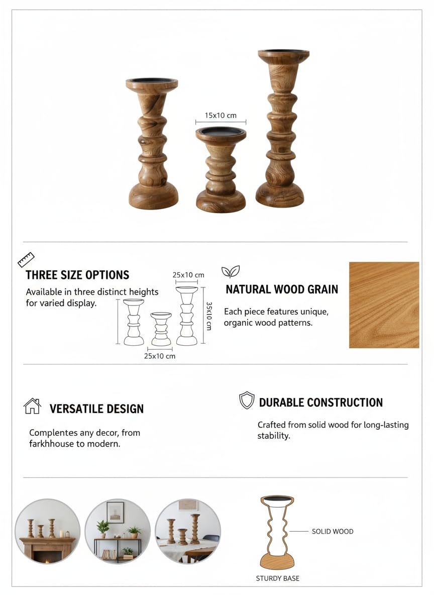 Wooden Pillar Candle Stand Set of 3 – Handcrafted Mango Wood Rustic Candle Holders for Home Décor, Dining Table Centerpiece & Wedding Decoration – Sizes 30×10cm,25 * 10 cm &15×10cm