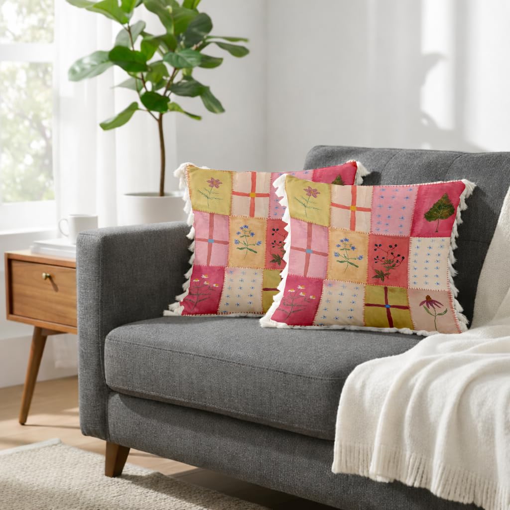 STITCHNEST 'Little Meadow Series' Tassled Cushion Cover | Set of 2 | Floral Cushion Cover 24 inch x 24 inch