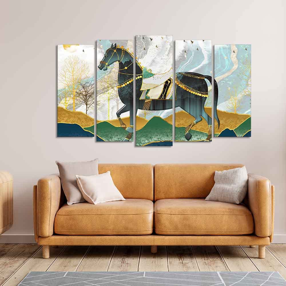 VIBECRAFTS Premium Wall Painting of Horse and Golden trees of Five Pieces For Home|Office|Living Room|Gift (PTVC5Pcs2_6607)