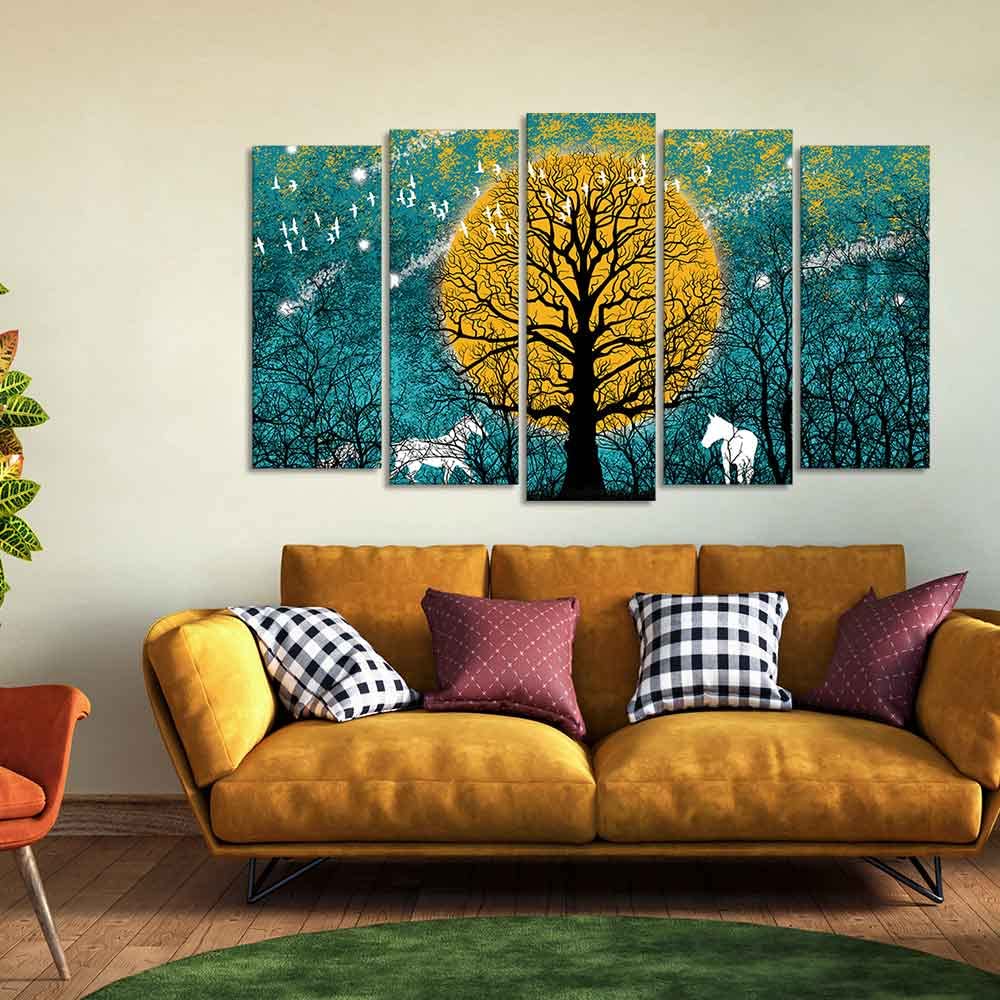 VIBECRAFTS Beautiful White Horses in Forest Premium Wall Painting Set of Five Pieces For Home|Office|Living Room|Gift (PTVC5Pcs2_6573)