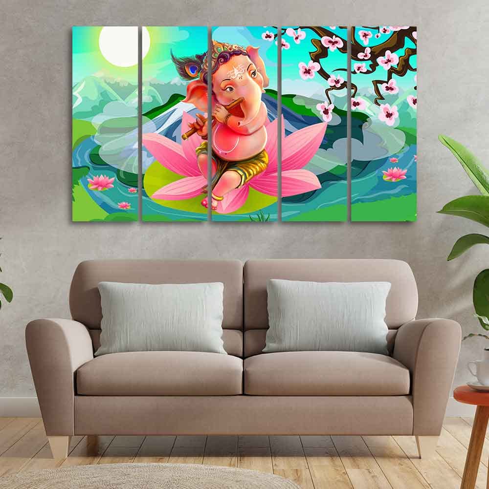 VIBECRAFTS Ganesha Playing Flute Premium Wall Painting of Five Pieces For Home|Office|Living Room|Gift (PTVC5Pcs4_8683)