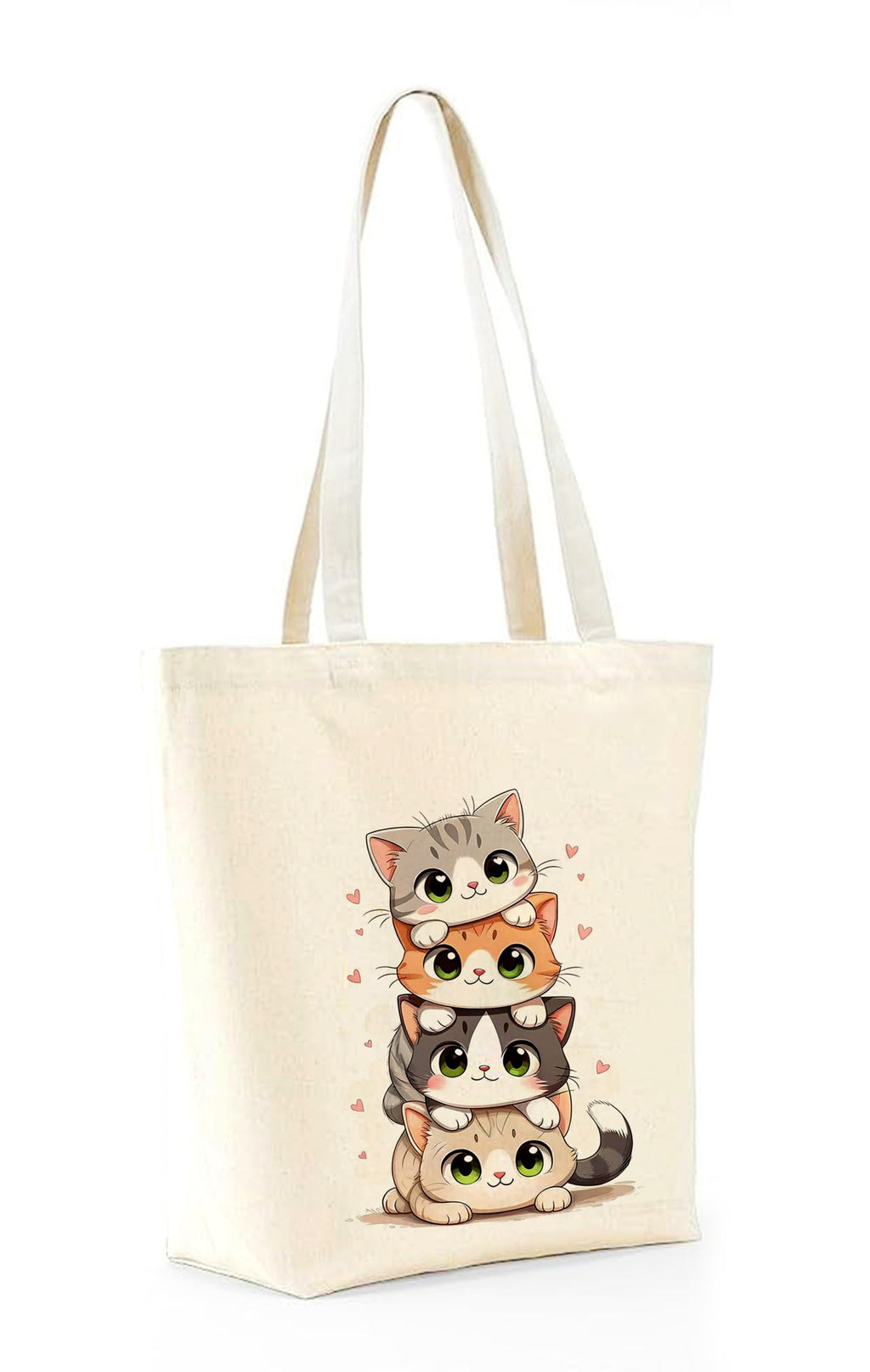 Heu Cute Cat Stack Printed Canvas Tote Bag | Eco-Friendly Reusable Cotton Shoulder Bag | Cartoon Kawaii Shopping Tote for Women & Girls