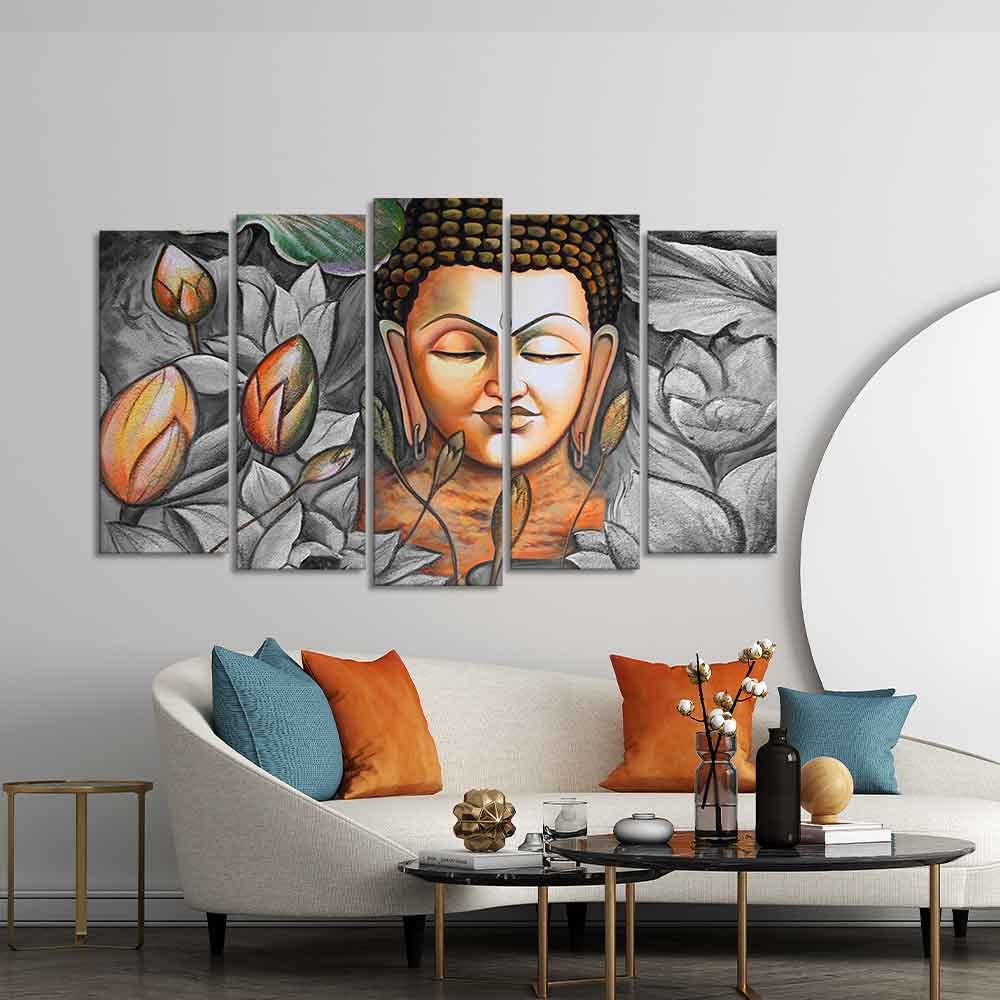 VIBECRAFTS Buddha Meditating Canvas Wall Painting Set of Five Pieces For Home|Office|Living Room|Gift (PTVC5Pcs2_6589)