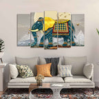 VIBECRAFTS Royal Elephant With Golden Tusks Canvas Wall Painting of Five Pieces For Home|Office|Living Room|Gift (PTVC5Pcs2_6629)