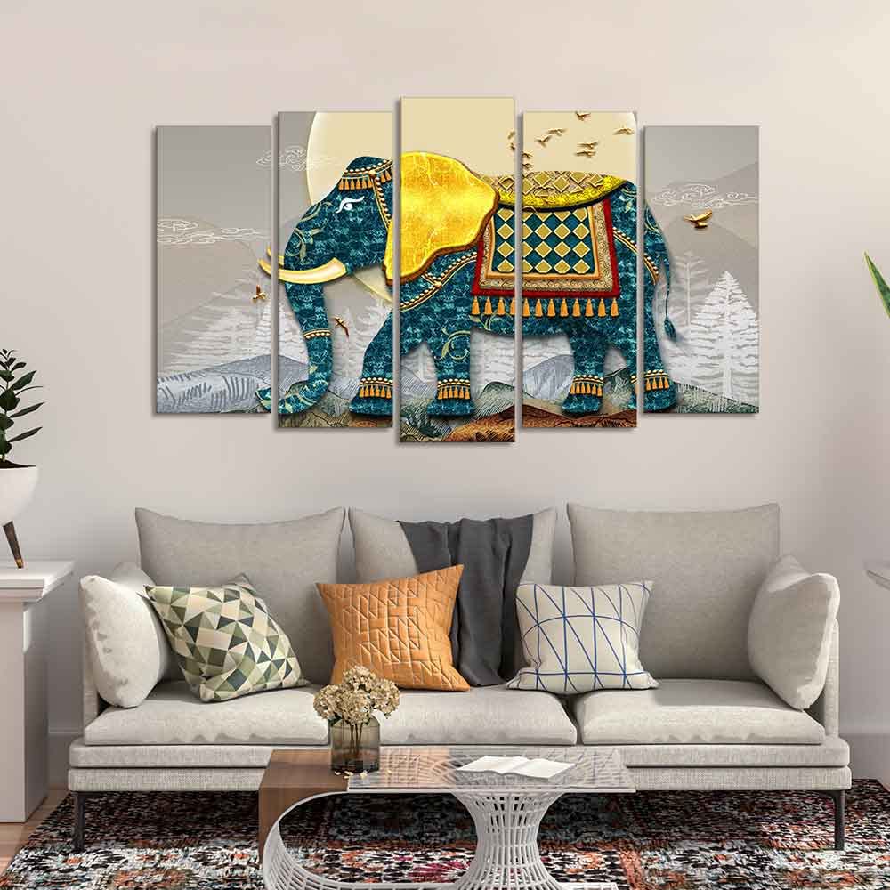 VIBECRAFTS Royal Elephant With Golden Tusks Canvas Wall Painting of Five Pieces For Home|Office|Living Room|Gift (PTVC5Pcs2_6629)