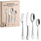 ANH MART Mirror Finish Silver Plated Stainless Steel Flatware Set Copper Silverware Set Rose Gold Spoon Color Cutlery Set [Dinner Fork-Tea Spoon-Salad Spoon-Knife] Set of (Silver DOT, 24)