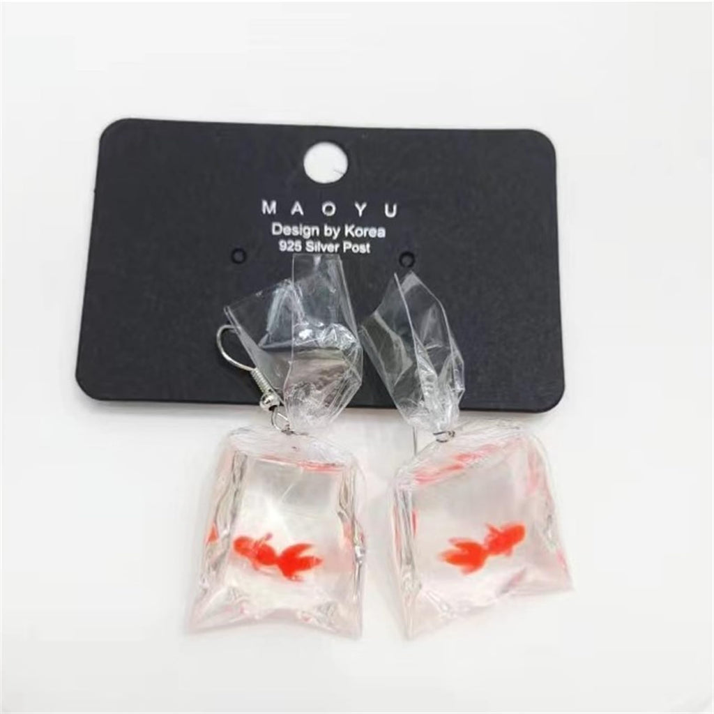 MALOYANVE Goldfish Water Bag Shaped Earrings for Women Charm Funny Handmade Resin 3D Lifelike Animal Dangle Earrings Jewelry Gifts, Resin, No Gemstone
