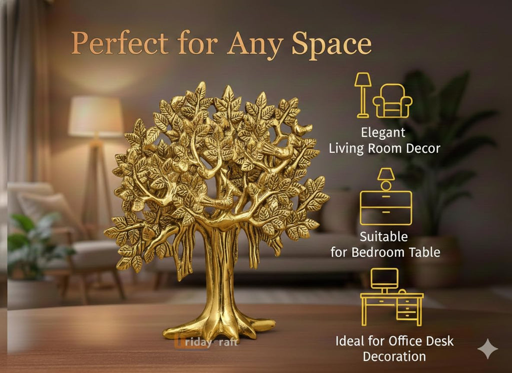 Metal Kalpavriksha Tree for Home Decor - Golden Wish Fulfilling Tree Metal Showpiece for Temple, Vastu, Office Table & Gifting Banyan (No 2 Golden)