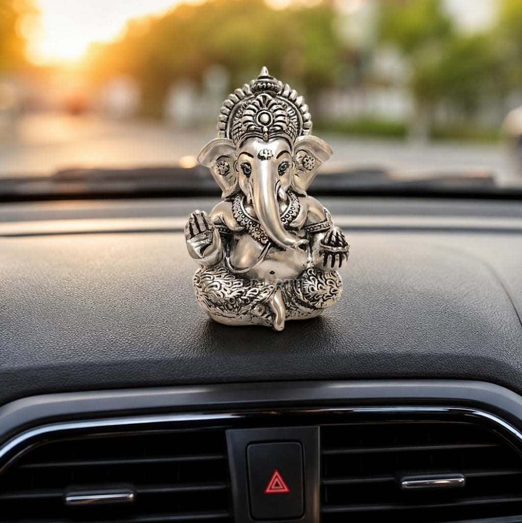 Gold Art India Lord Ganesha 999 Silver Plated Idol | Antique Matte Finish | Premium Velvet Gift Box | Ganesh Murti for Car Dashboard, Home Temple, Office Desk | Luxury Spiritual Gift for Housewarming