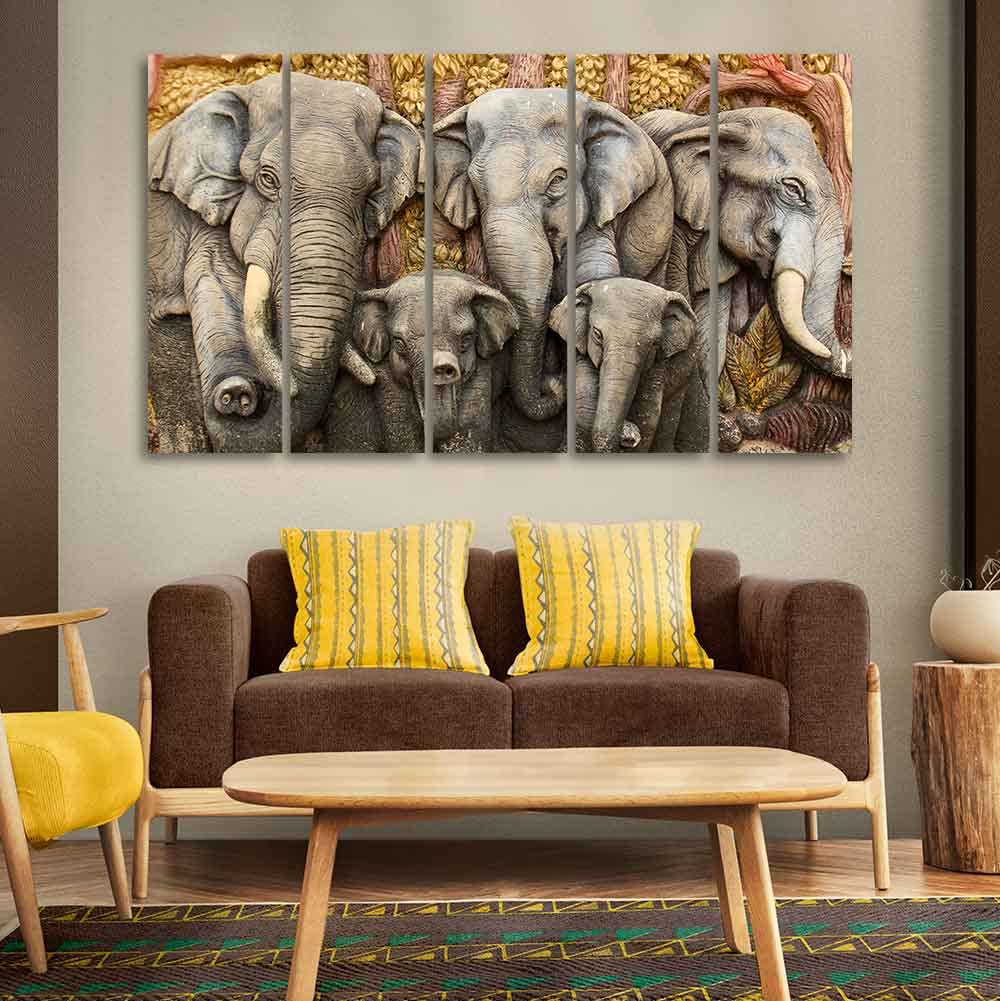 VIBECRAFTS Beautiful Elephants Premium Wall Painting Set of Five For Home|Office|Living Room|Gift (PTVC5Pcs4_8615)