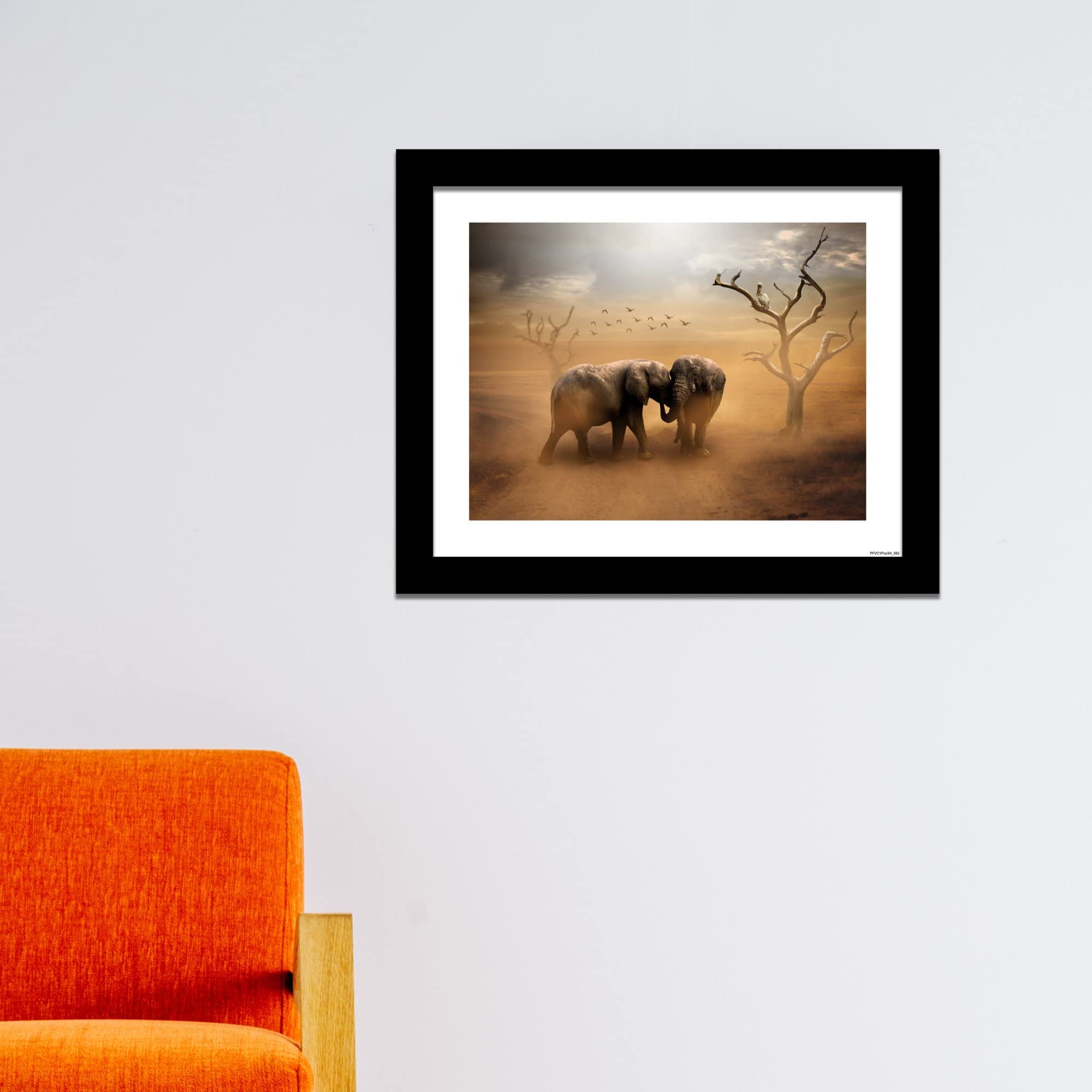 VIBECRAFTS Two Elephants in the Field Quality Wall Frame Painting Digital Reprint Posters with Synthetic Wooden Frame Home, Office Decorative Gift Item(11 inch x 9 inch)(PFVC1Pcs3H_502)