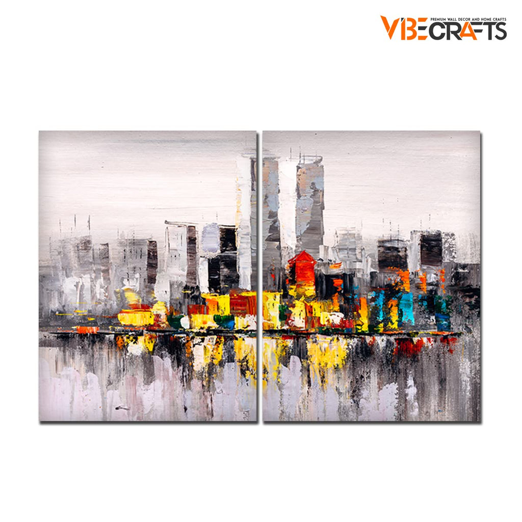 VIBECRAFTS 2 Pieces Beautiful City Canvas Wall Painting Fitted With Wooden Frame For Home | Office | Living Room | Gifts(PTVC2Pcs1_17510)
