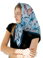 leeza store Women's Powder Blue Silk Scarf For Women, 40X40 Digital Printed Butterfly Pattern, Elegant Satin Feel Stole & Neck Wrap
