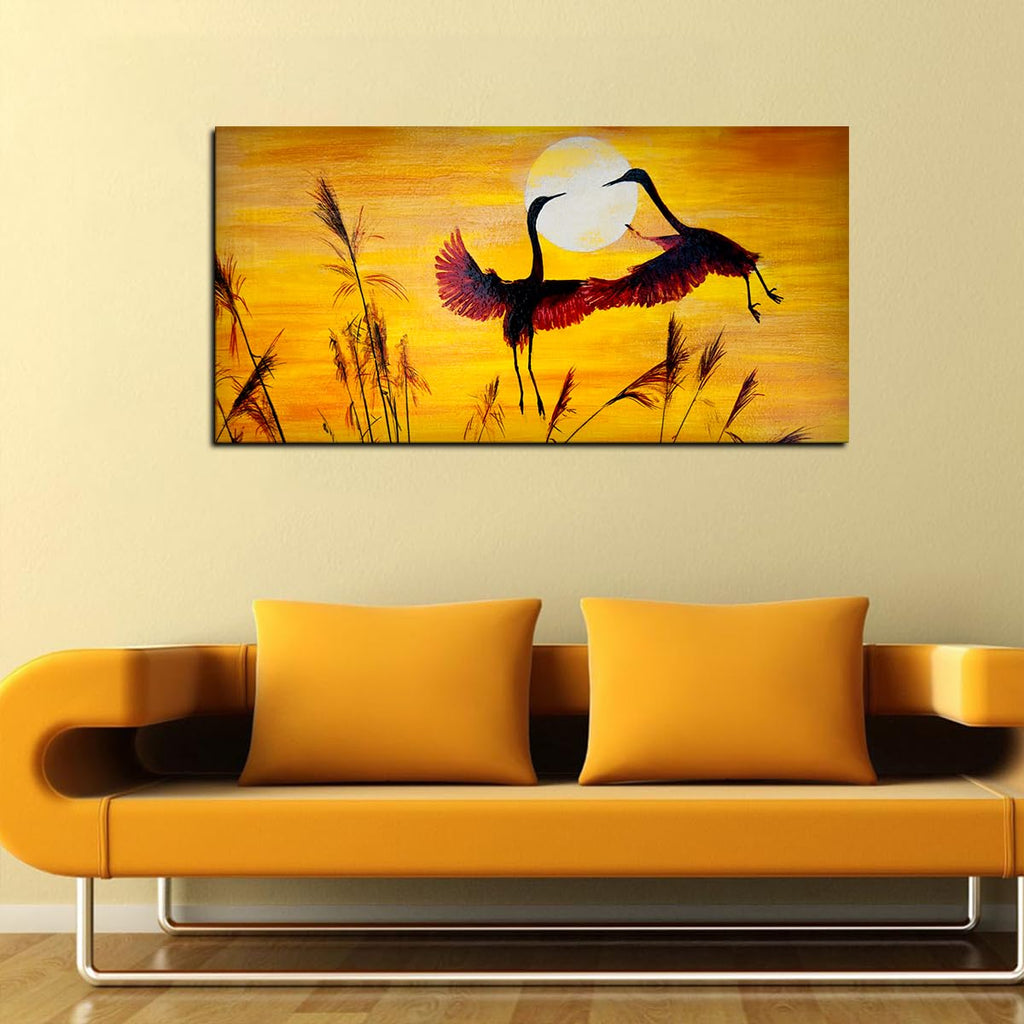 VIBECRAFTS Canvas Paintings for Living Room Drawing Room Canvas Wall Painting of Flamingos Pair Flying in Sunset for Home|Office|Gift(PTVCH_2396NV)(48 x 24 Inches)