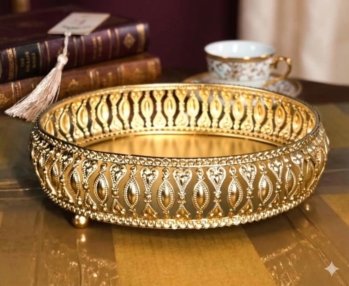Premium Round Metal Decorative Tray with Intricate Lattice Cutwork – 8-inch Gold Finish Vanity Organizer for Home Décor, Coffee Table & Gifting – Elegant Mirrored Base Pedestal Tray