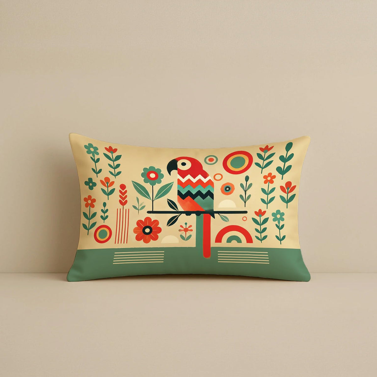 STITCHNEST Printed Satin Cushion Covers Colorful Parrot with Botanical & Geometric Chevron Design, 12x18 Inch, Pack of 2 for Artistic, Playful & Boho Home Styling