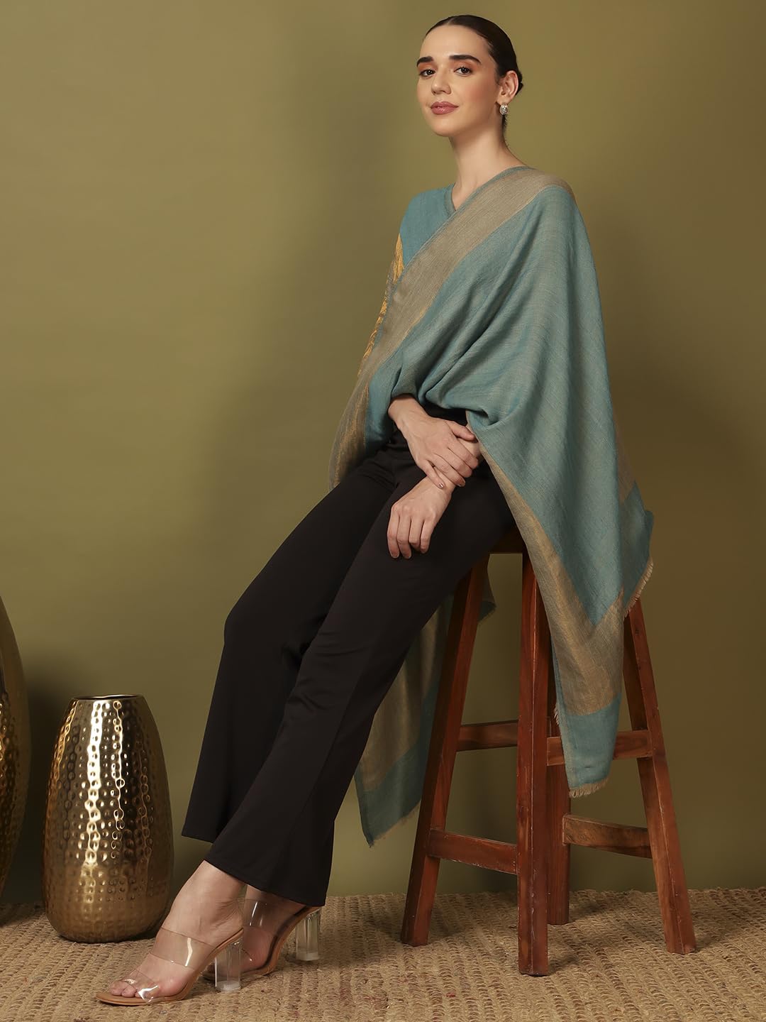 Pashmoda Women Midnight Bronze Reversible Zari Moonlight Fine Wool Stole (Size : 28x80in, 71X203cm) ZSST04