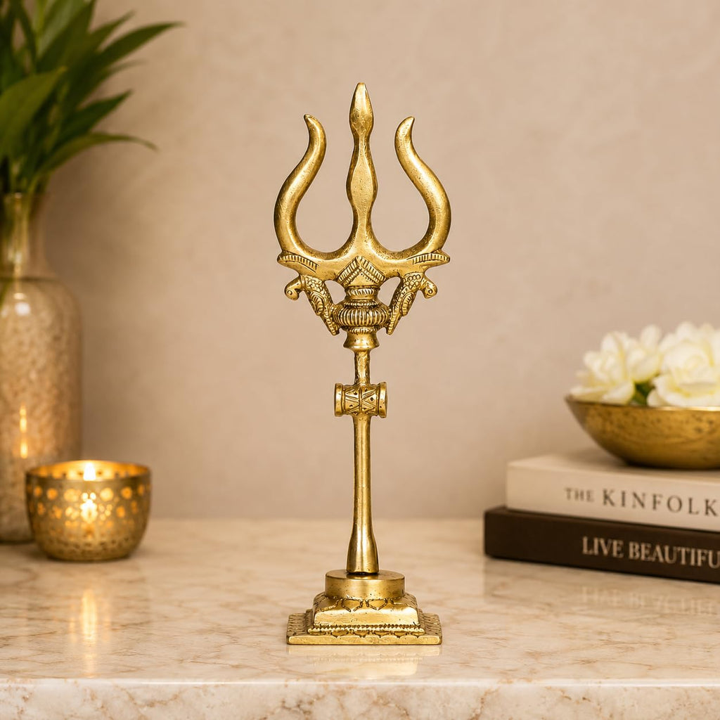 ARTVARKO Brass Shiva Shiv Bholenath Trishul Trident with Damru on Stand Show Piece Decoration Items for Temple Puja Home Decor Gift 7 Inch
