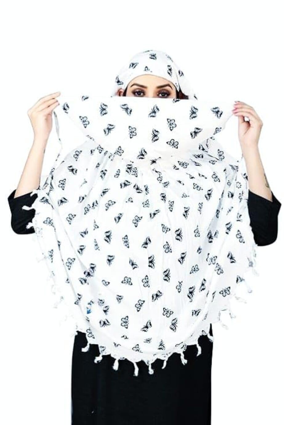 Vinsh Enterprise Cotton Long Scarf Cum Mask Scarves Usable for Vehicle Driver | White Printed Design | Universal Size | For Girl & Women | Soft & Breathable Sun Protection (Butterfly)