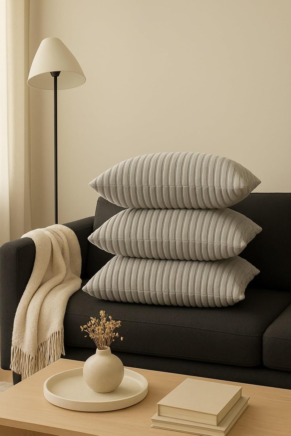 AWARD VELVETS Premium Faux Rabbit Fur Plush Luxury Soft Fluffy Striped Decorative Throw Pillow/Cushion Covers for Sofa, Couch, Living Room - (Light Grey, 24 x 24 inch) Set of 1