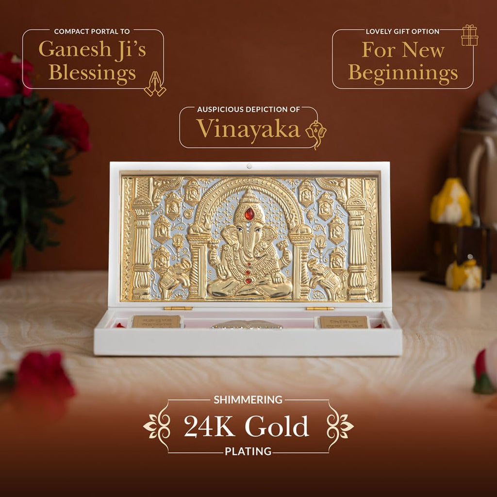 Svastika Ganesha Pocket Temple | 24 Karat Gold and Silver Coated | Ganpati Idol for Home Mandir | Office Table | Gift for Diwali | Pooja Room | Vastu Decor | Small Size 21 cm