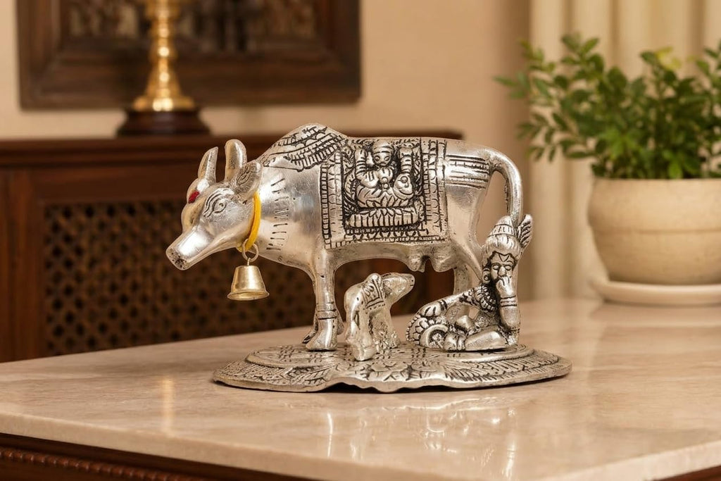 KridayKraft Kamdhenu Cow and Calf with Krishna Idol, Silver-Plated Decorative Showpiece for Home Decor and Gift, 14 x 11 cm X 10 cm, 350 g