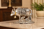 KridayKraft Kamdhenu Cow and Calf with Krishna Idol, Silver-Plated Decorative Showpiece for Home Decor and Gift, 14 x 11 cm X 10 cm, 350 g
