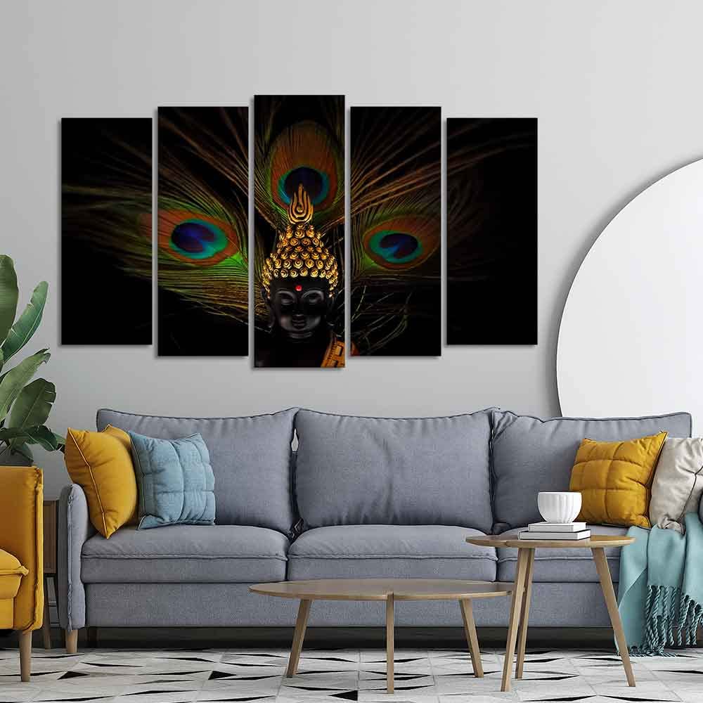 VIBECRAFTS Buddha With Peacock Feather Wall Painting of Five Pieces Set For Home|Office|Living Room|Gift (PTVC5Pcs2_6616)