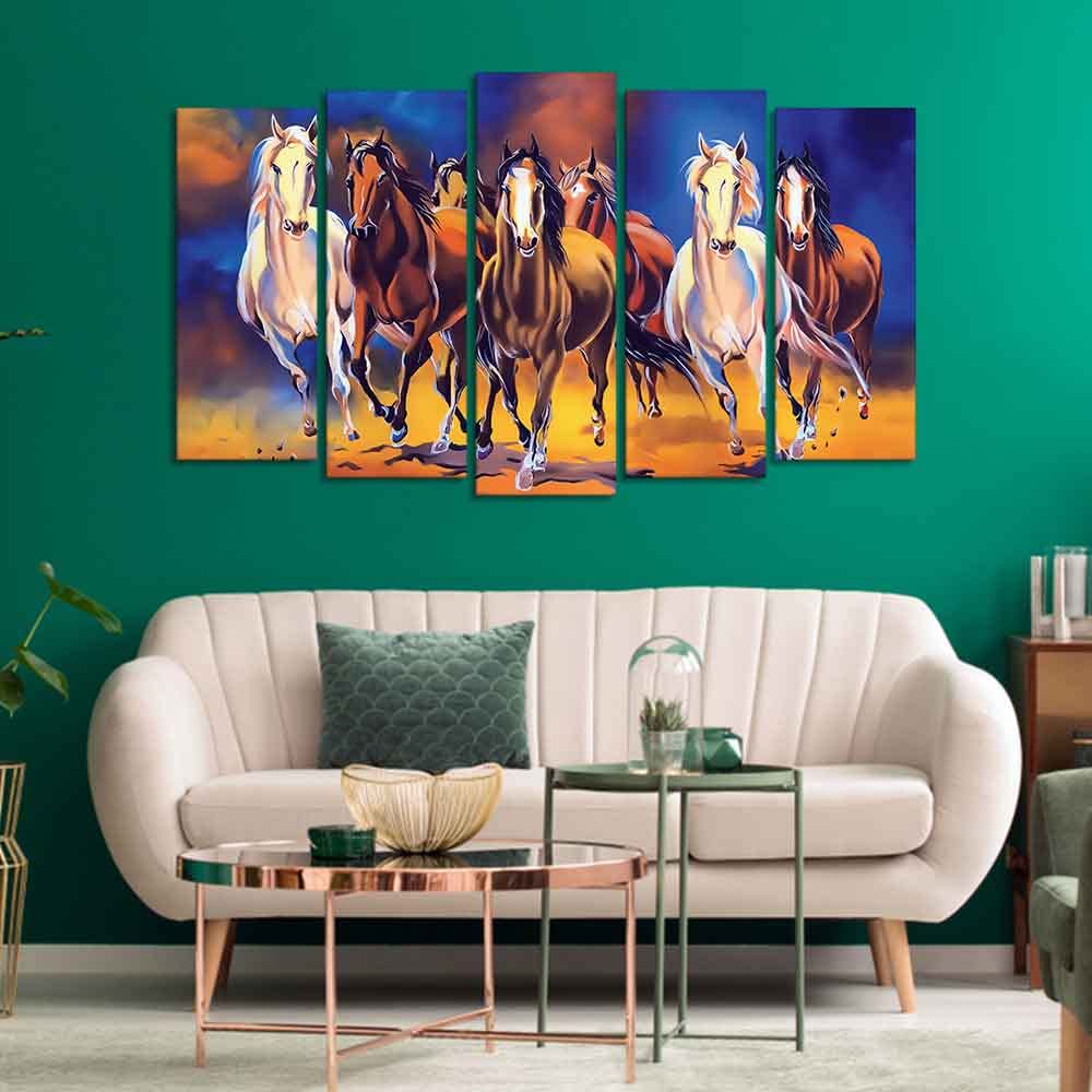 VIBECRAFTS Seven Horses Set of Five Pieces Premium Canvas Wall Painting For Home|Office|Living Room|Gift (PTVC5Pcs2_6544)