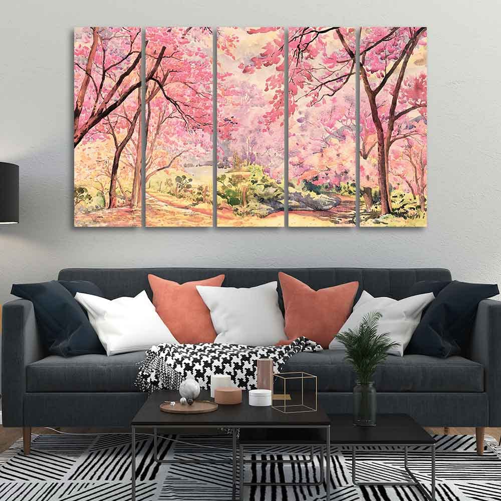 VIBECRAFTS Homcraft Cherry Blossom Tree Premium Wall Painting Set of Five Pieces For Home|Office|Living Room|Gift (PTVC5Pcs4_8641)