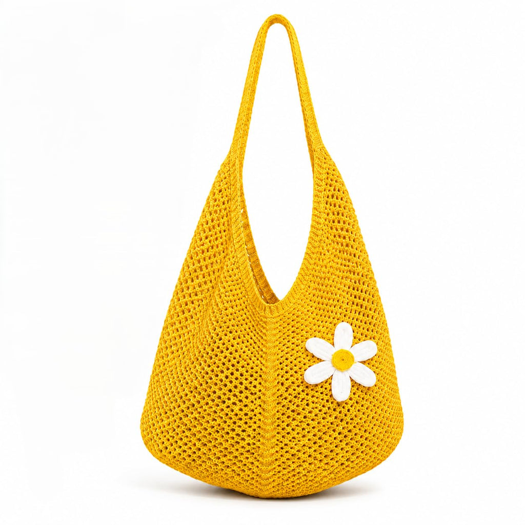 Kawn Crochet Mesh Beach Tote Bag for Women with Flower Brooch | Cotton Linen Knitted Shoulder Bag | Lightweight Boho Summer Handbag for Travel, Shopping & Vacation - (Yellow)