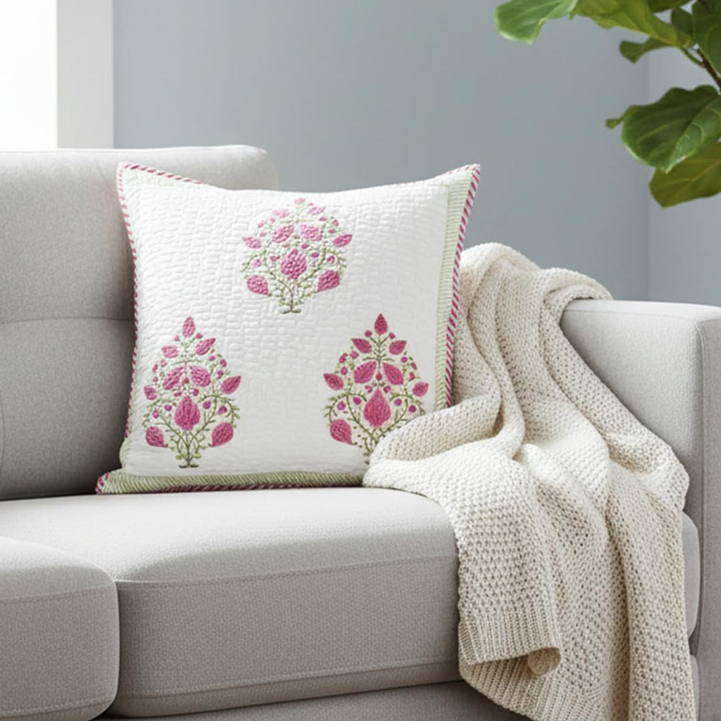 HOMEMONDE Quilted 24 X 24 Inches Soft Throw Cushion Cover - 1 Piece Jaipuri Hand Block Print Cotton 300 TC Pillow Covers, Pink