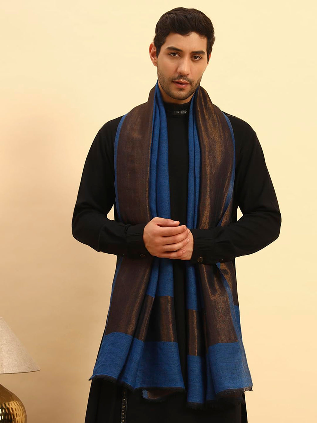 Pashmoda Men Midnight Bronze Reversible Zari Moonlight Fine Wool Stole (Size-28x80in, 71x203cm) MZSST04