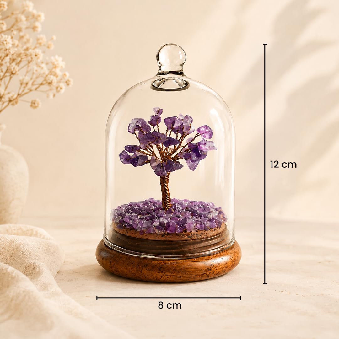 Ritualistic Amethyst Dome Crystal Wish Tree | Purple Gemstone Bonsai with Glass Dome | Healing, Third Eye & Crown Chakra Activation | Vastu & Feng Shui Spiritual Tree | Reiki Home Décor & Premium Gift