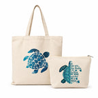 Esycarry Turtle Print Canvas Tote Bag with Matching Zipper Pouch Set for Women, Nature-Themed Cotton Shopping Tote with Organizer Pouch, Reusable Handbag for Work, Travel & Everyday Use
