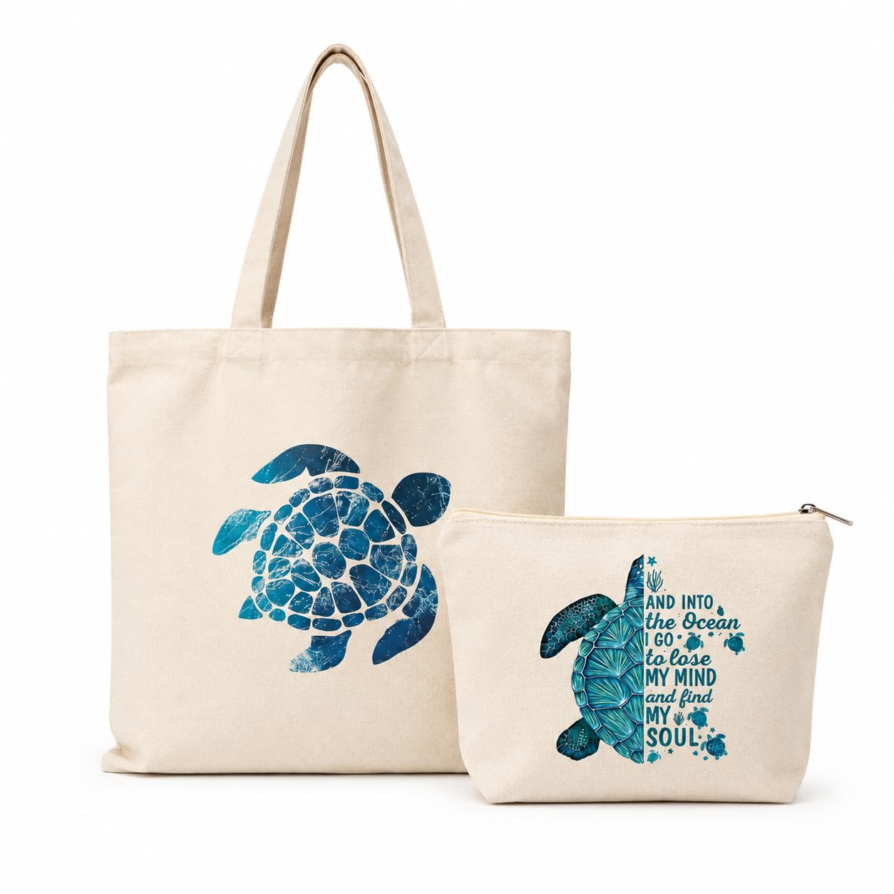 Esycarry Turtle Print Canvas Tote Bag with Matching Zipper Pouch Set for Women, Nature-Themed Cotton Shopping Tote with Organizer Pouch, Reusable Handbag for Work, Travel & Everyday Use