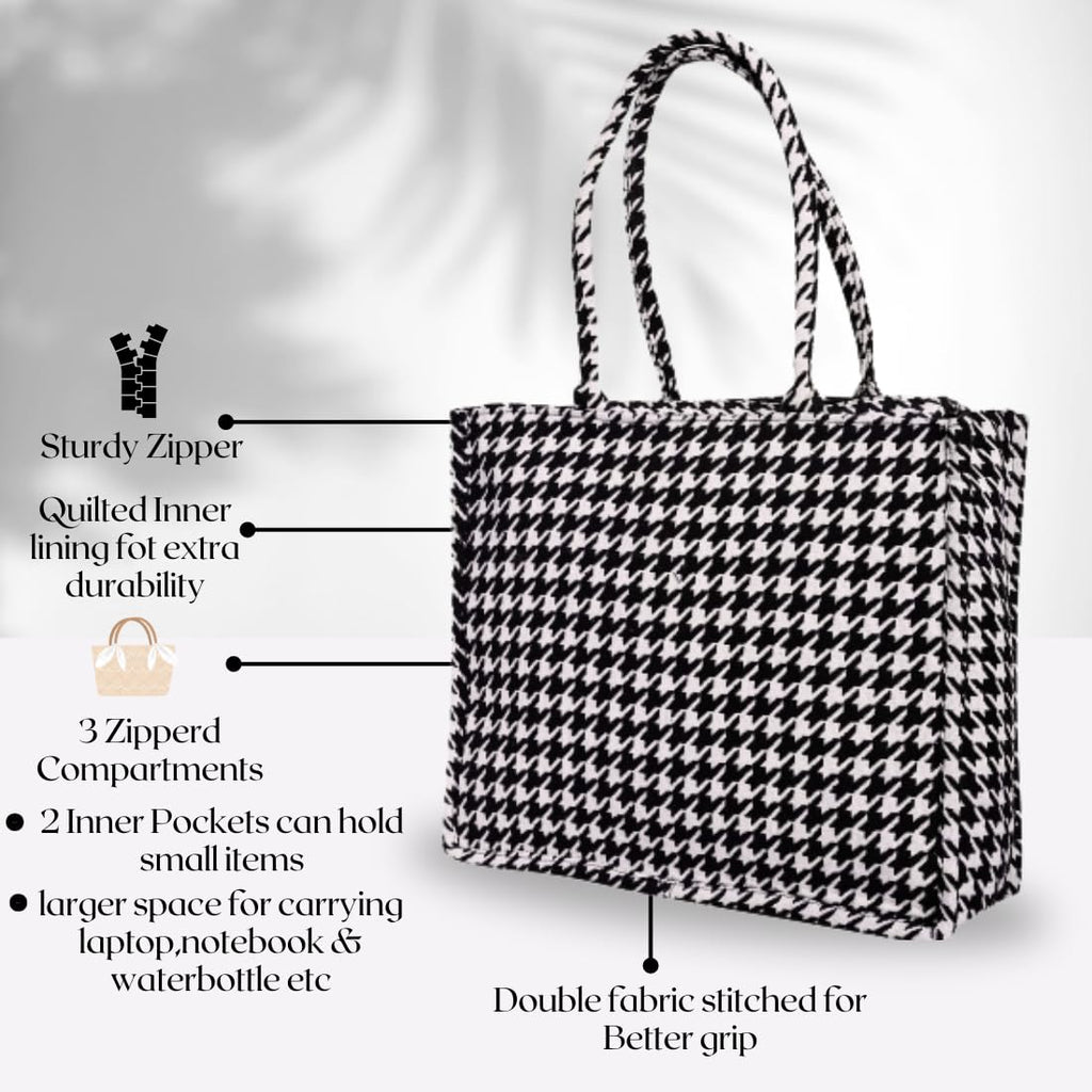 ENSAC Premium Cotton Tote Bag for Women, Stylish Handbag for women with Zip Closure | Fit for Office Bag, College, Travel Use | Handcrafted in India (Cutwork-tote-big) (Black)