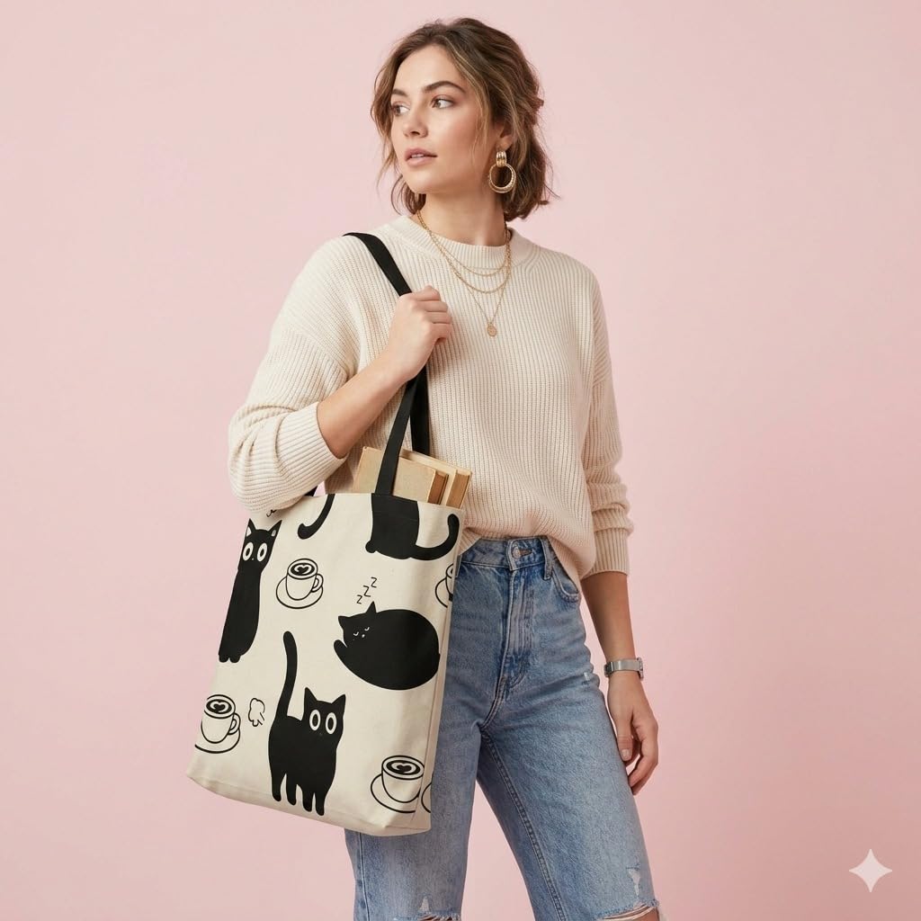HOMELYA Black Cat Printed Zippered Canvas Tote Bag for Women Eco Friendly Reusable Grocery Shoulder Handbag Large Capacity Shopping Bag for Office College Travel Daily Use