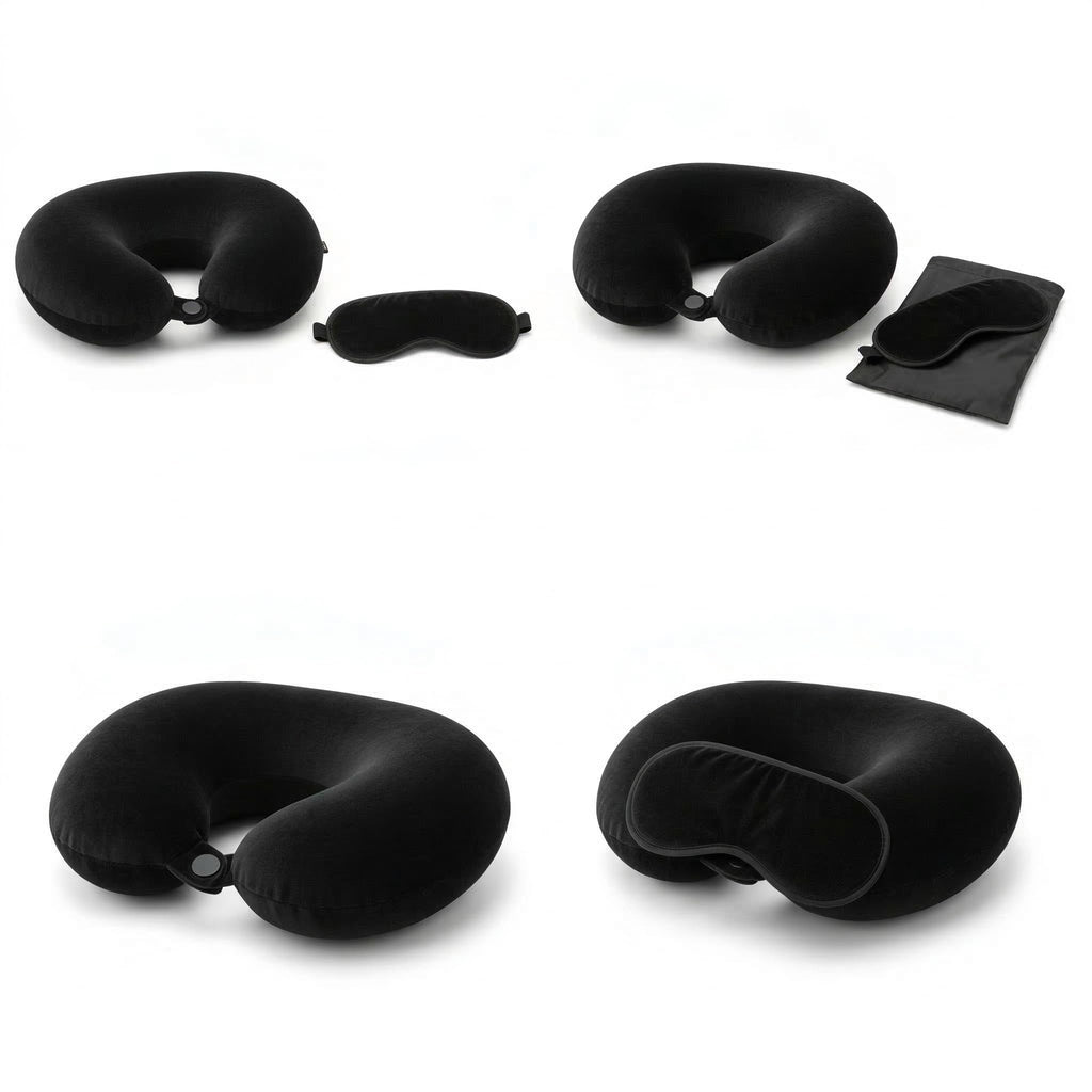 CloudBliss Memory Foam Travel Neck Pillow, Set of 2, Black & Black