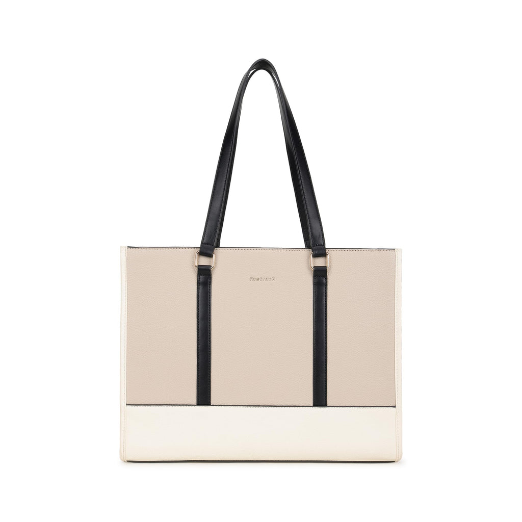 Fastrack Stitchline White Laptop Tote | Faux Leather Work Tote with Black Stitch Accents | 14 Inch Laptop Tote with Three Compartments & Center Zip Pocket | Dual Handles & Organizer Pockets