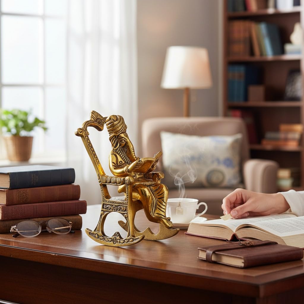 KridayKraft Metal Chair Ganesh ganpati Idol with Reading Ramayan Home Decoration and Gifts for Your Love Once