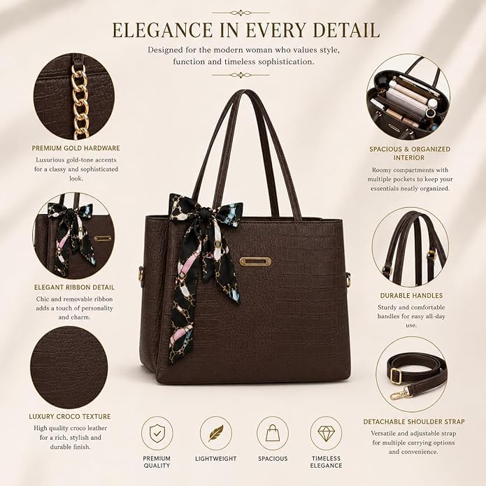 CLASSIC SMUGGLER Women's Croco-Embossed Leather Tote Bag with Silk Scarf Accent & Detachable Shoulder Strap Large Capacity Shoulder Handbag Office, Shopping & Travel