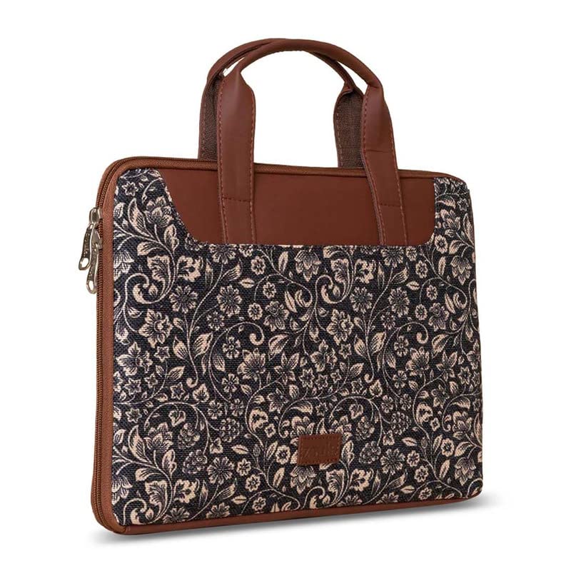 ZOUK FloMotif Floral Printed Women's Jute Handcrafted Vegan Leather Black L Zipper Laptop Sleeve 15.6 inch