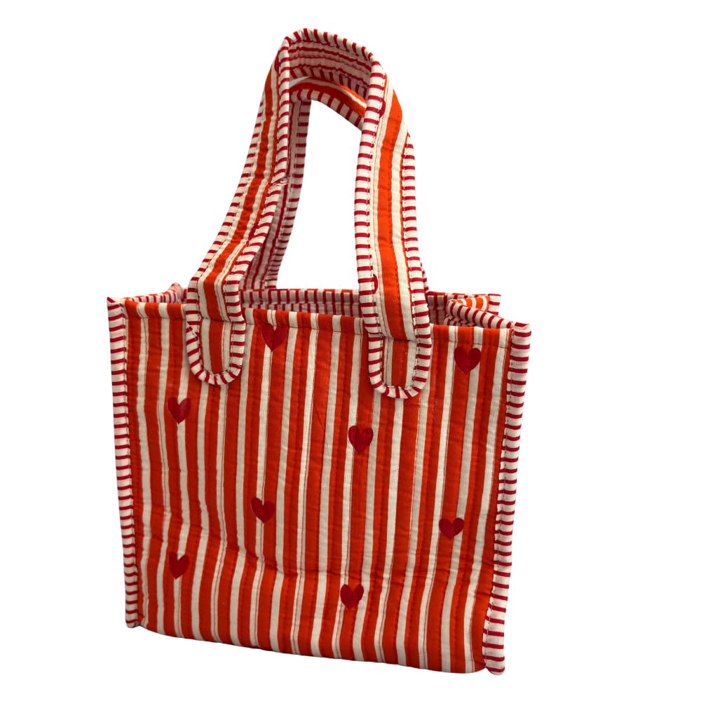 GULABI THAPPA Hand Block Printed Cotton Tote Bag, 22x25x11 cm, Quilted Design with Striped Border (Orange-striped)