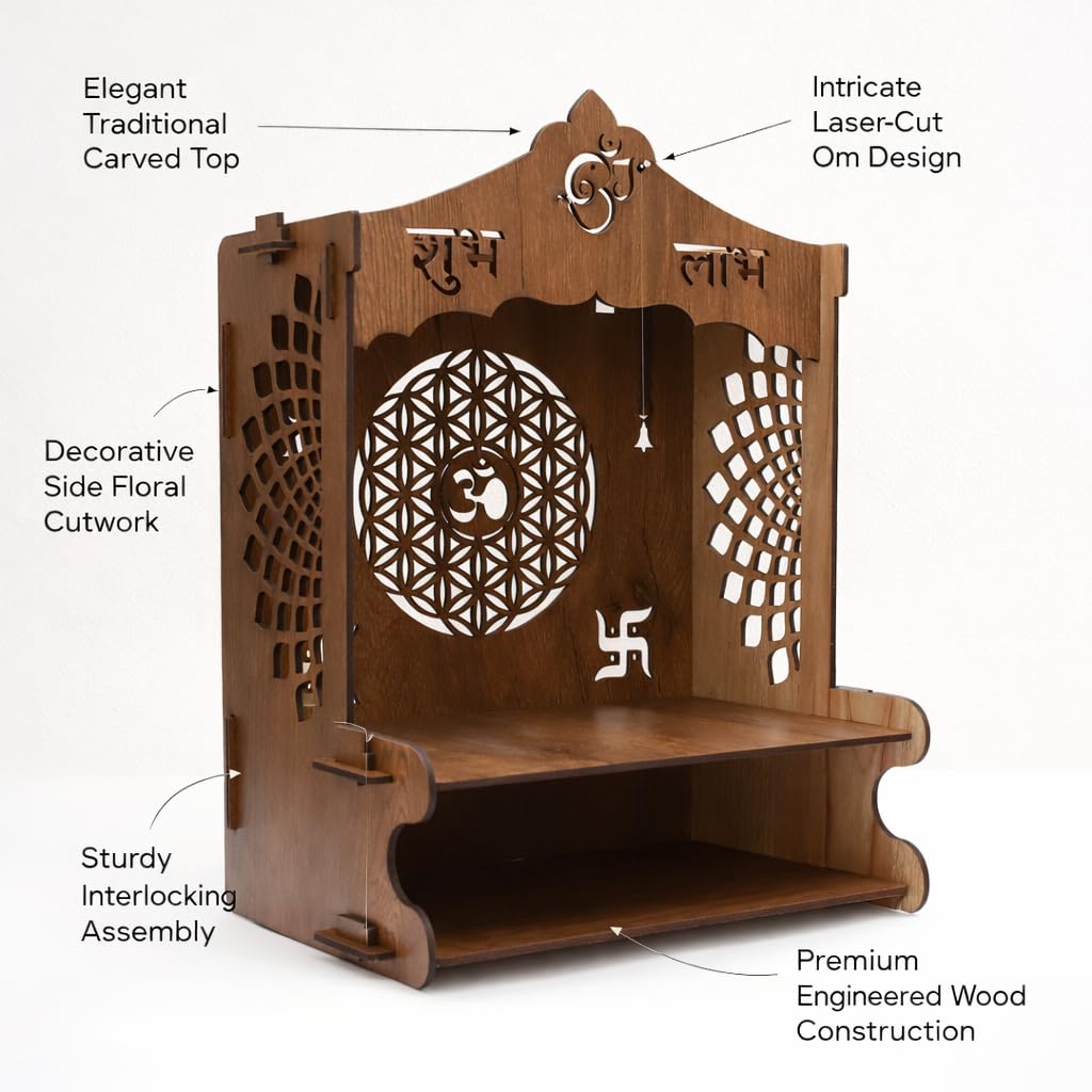 SHIV FURNITURE Mangal Beautiful Wooden Pooja Stand for Home, Temple, Office, Wall Mounted Puja Mandir (Brown)