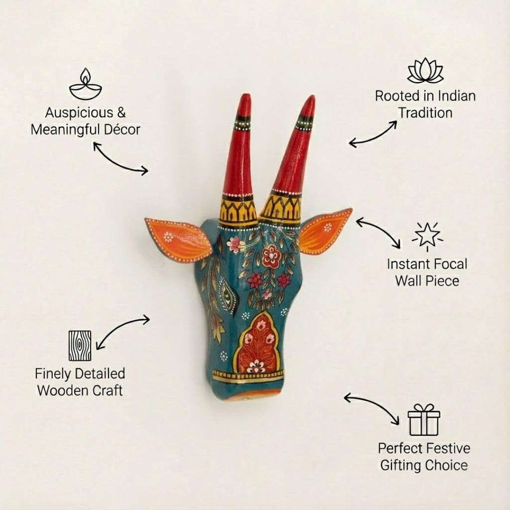 ATRANGI STUDIO Handpainted Wooden Cow Head Wall Decor | Ethnic Wall Art | Symbol of Prosperity | Wall Hanging for Home, Temple & Puja Room | Ready to Hang | 12 Inch, Blue