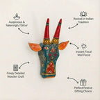 ATRANGI STUDIO Handpainted Wooden Cow Head Wall Decor | Ethnic Wall Art | Symbol of Prosperity | Wall Hanging for Home, Temple & Puja Room | Ready to Hang | 12 Inch, Blue