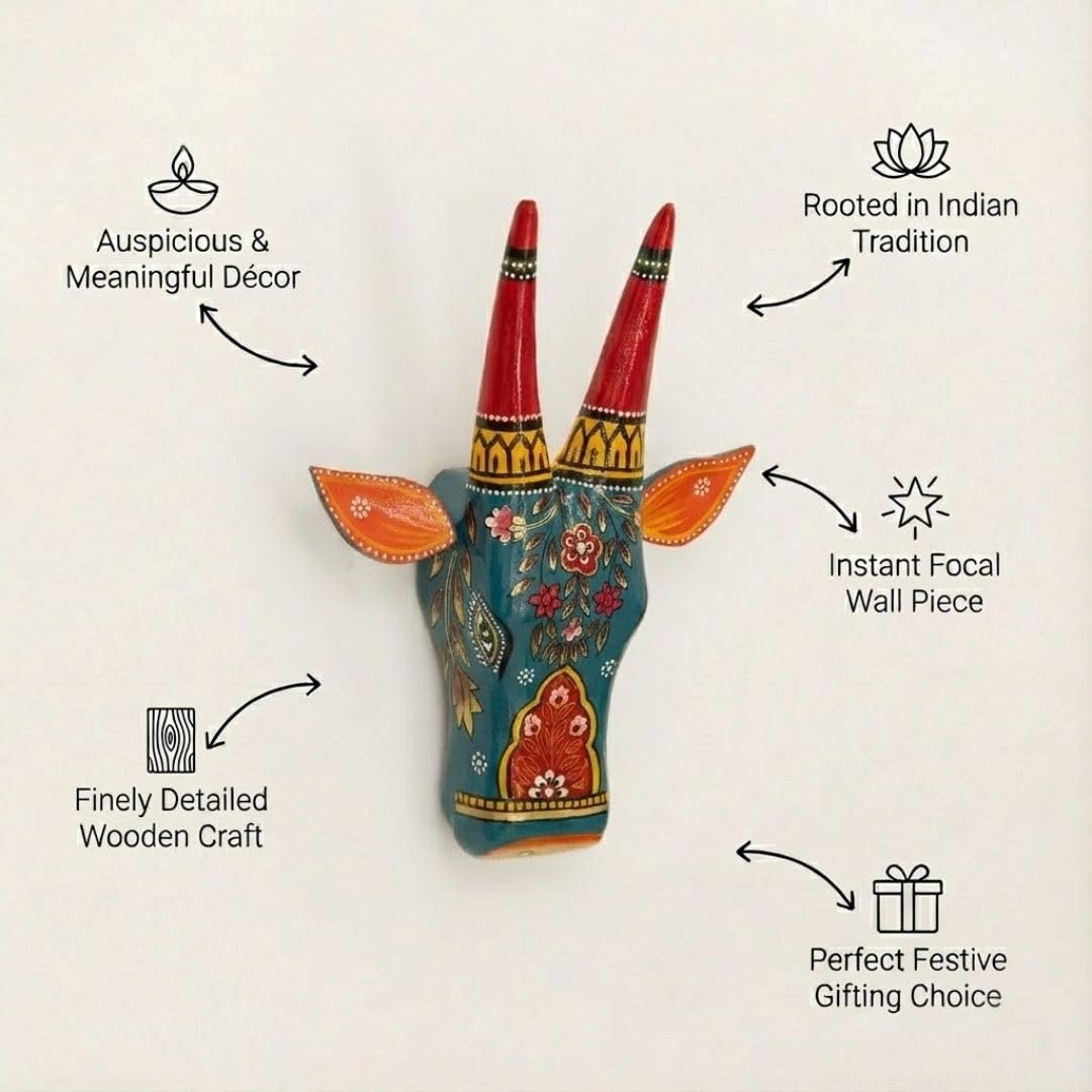 ATRANGI STUDIO Handpainted Wooden Cow Head Wall Decor | Ethnic Wall Art | Symbol of Prosperity | Wall Hanging for Home, Temple & Puja Room | Ready to Hang | 12 Inch, Blue